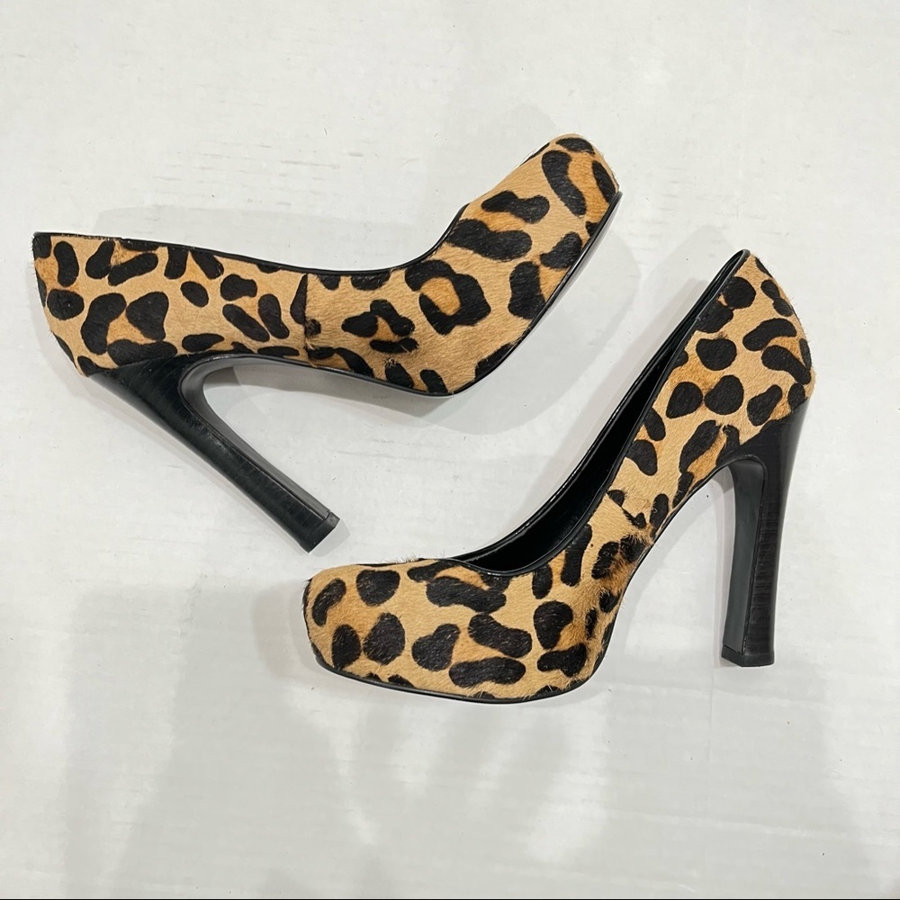 Aqua Leopard Print Calf Hair Heels Cheetah Pumps - Picture 8 of 11